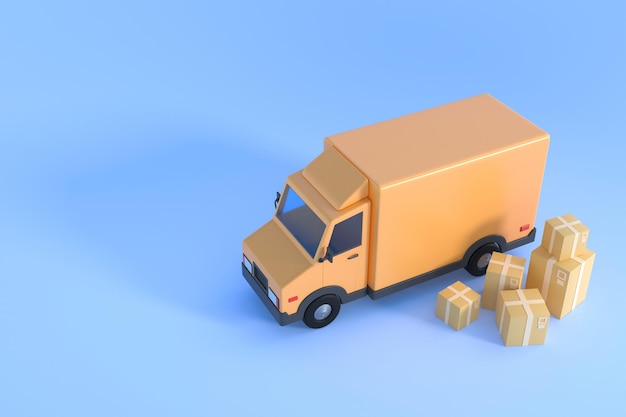 E-commerce concept, Delivery service on mobile application, Transportation delivery by truck, 3d ill