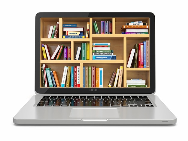 E-learning education or internet library. Laptop and books.