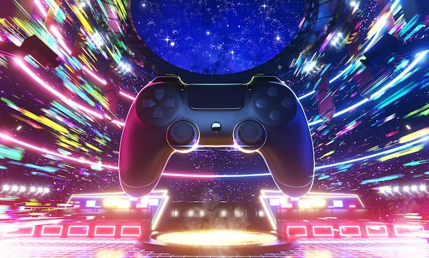 E-sport arena and Game joypad in the speed of colorful light