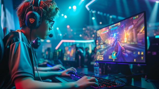 E sports player intense focus midaction playing game on computer