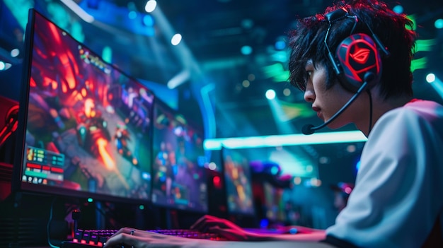 E sports player intense focus midaction playing game on computer