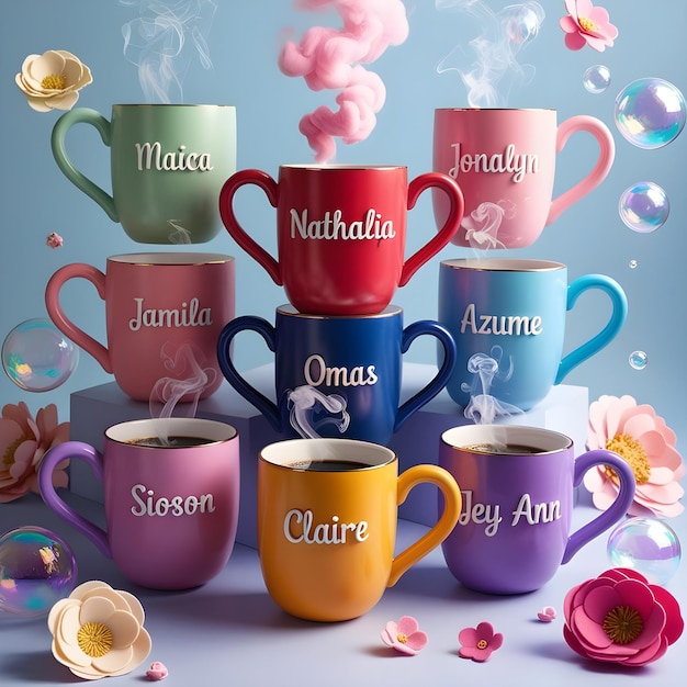 Each mug has a unique vibrant color and a heartshaped handle The mugs feature the name