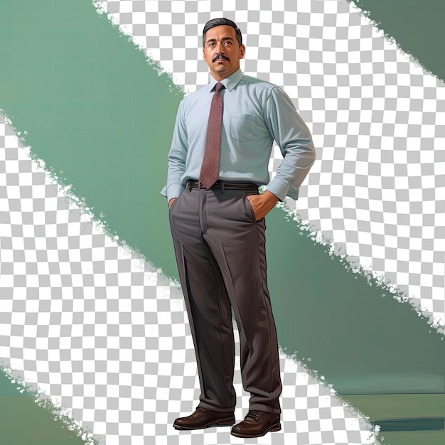 A Eager Middle aged Man with Short Hair from the West Asian ethnicity dressed in Civil Engineer attire poses in a Standing with Crossed Ankles style against a Pastel Green background