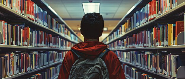 Eager Student Selecting Books in School Library Amidst Shelves Filled with Knowledge and Resources f