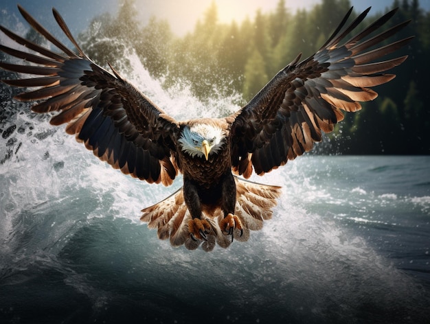 Eagle bird flying over landing splash water wallpaper