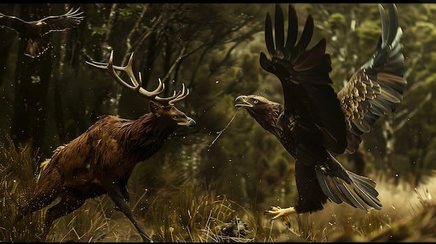 Eagle and deer in the forest Generative AI illustrations