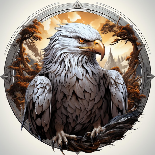 Eagle emblem illustration in silver circle logo white background