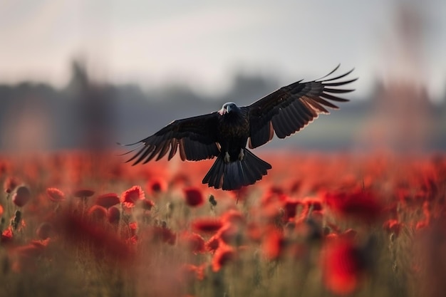 A eagle flies through a field of red poppies