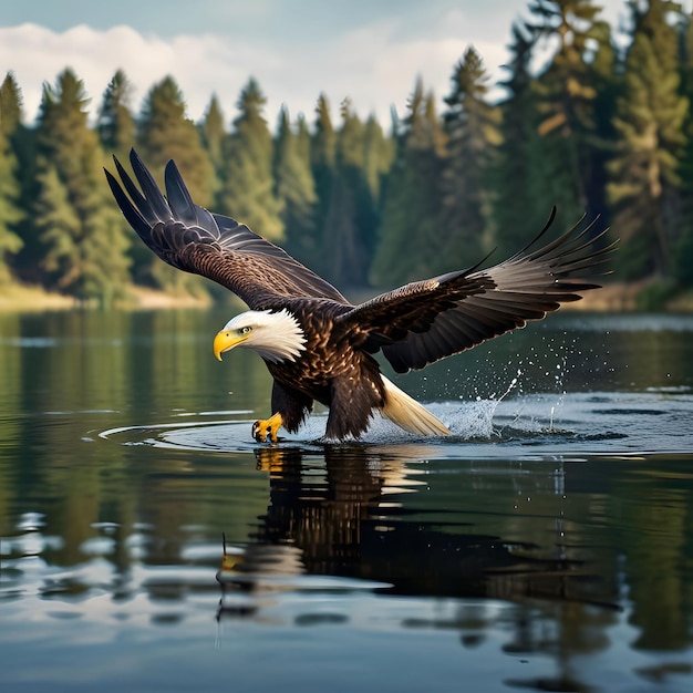 Photo an eagle in flight catching fish from a lake