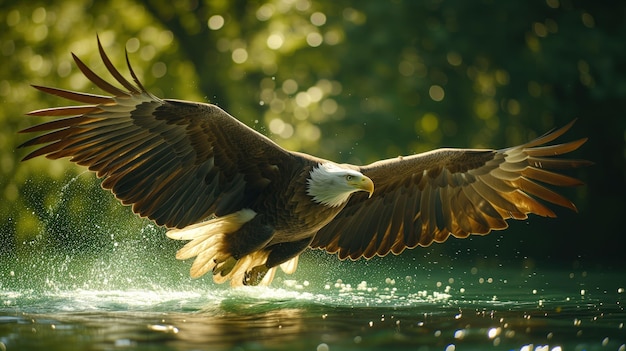 Eagle in Flight Catching Fish Over Water