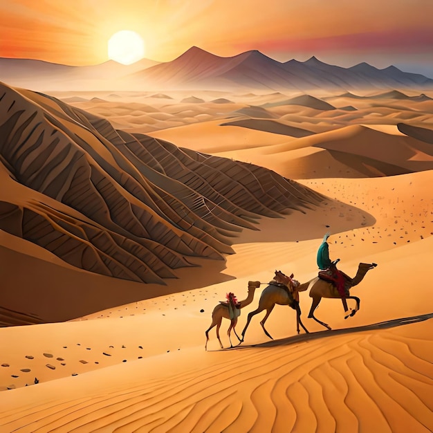 The eagle flying over a caravan of camels journeying through the desert