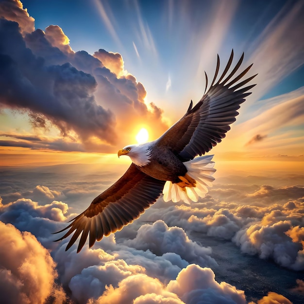 the eagle flying over the clouds