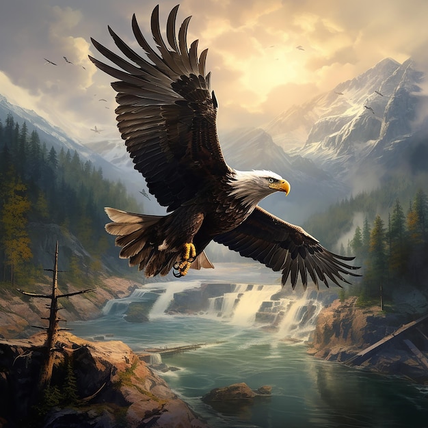 An eagle flying over the river in search of prey