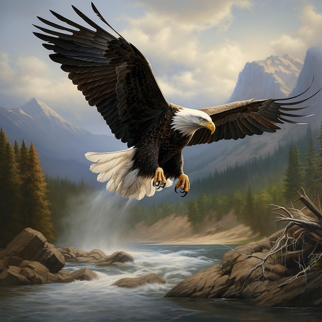 An eagle flying over the river in search of prey