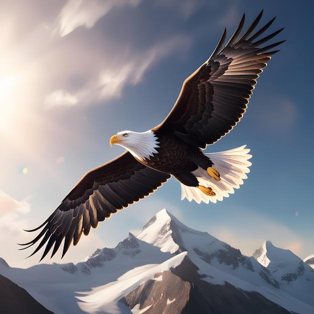 an eagle flying in the sky with mountains in the background