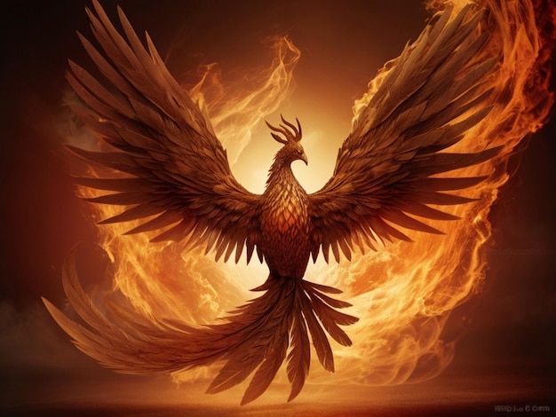 An eagle flying with fire and its fire background