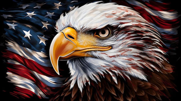 Eagle in Foreground with American Flag as Background Celebrating Independence Day Concept