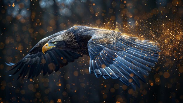 The eagle is flying swoop in a modern illustration with lines triangles and particles