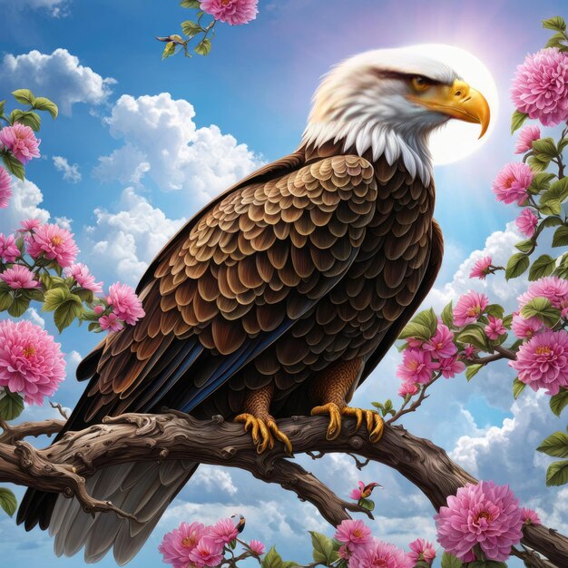 Photo an eagle is perched on a branch with pink flowers