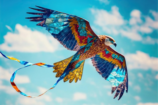 An eagle kite flying in the blue sky among clouds in concept for the international festival of kites