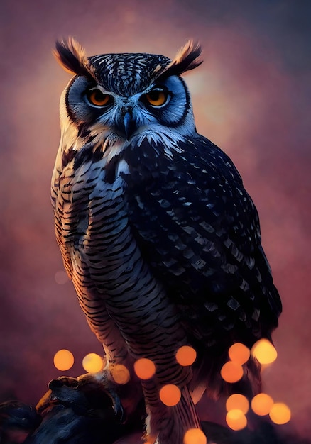 Eagle-owl in cartoon style with bokeh effect at night