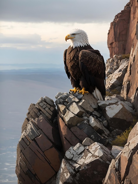 An eagle perched atop a rocky cliff ai generated