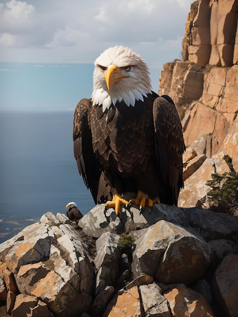 An eagle perched atop a rocky cliff ai generated