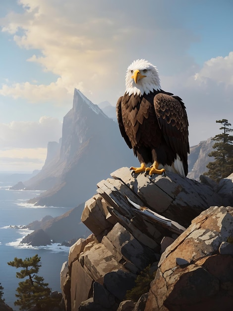 An eagle perched atop a rocky cliff ai generated