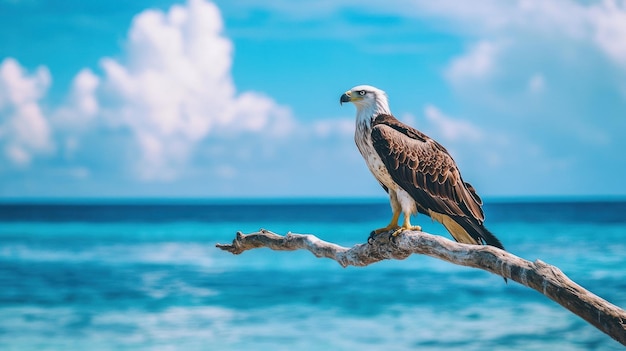 Photo eagle perched on a branch over a turquoise sea