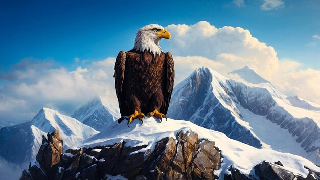 Eagle Perched High Atop Snowy Mountain Peaks Scenic Background