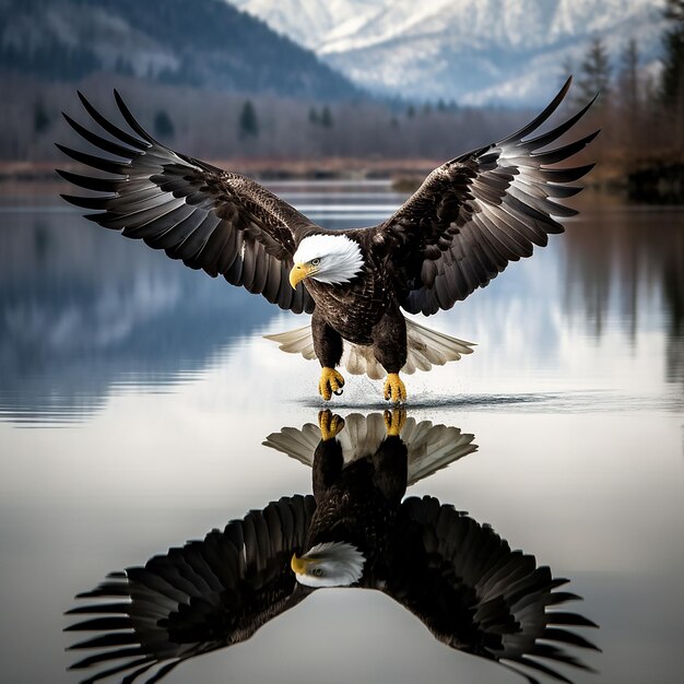 An eagle rising from the water of a lake