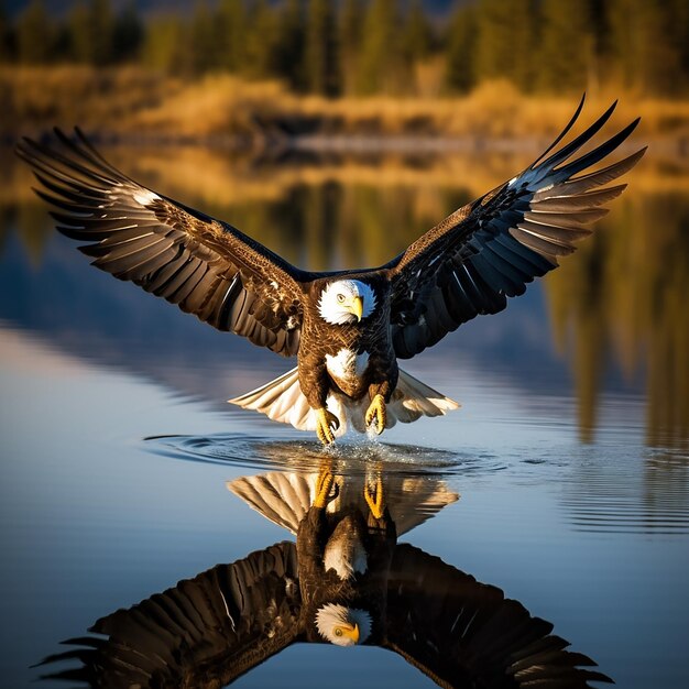 An eagle rising from the water of a lake