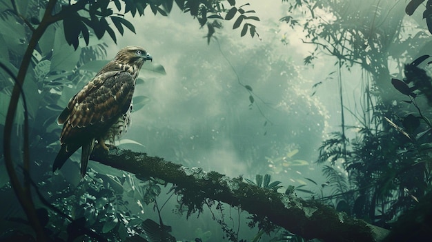 An eagle sits on a tree branch in the Amazon jungle generative ai