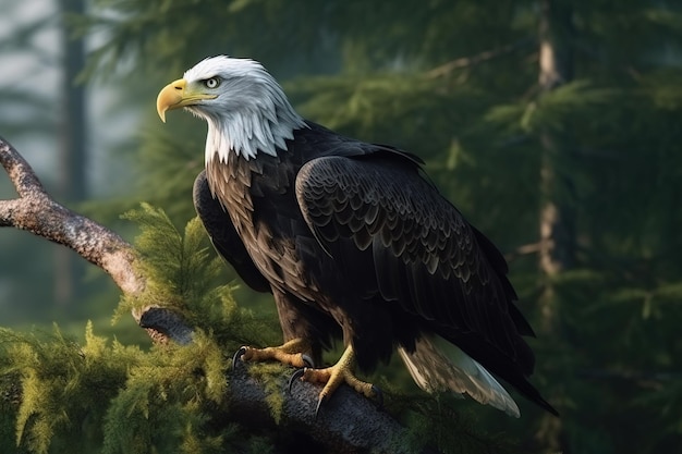 Eagle sitting on a tree branch in a jungle