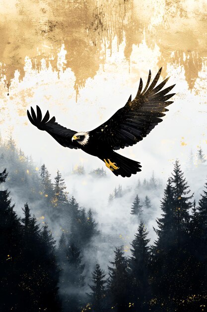 Eagle Soaring Above Misty Forest with Golden Sky