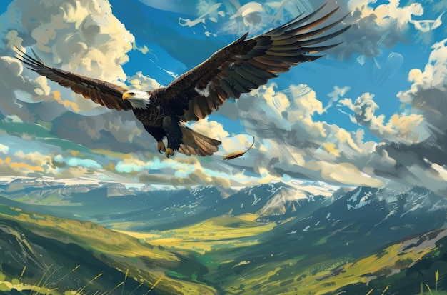 Eagle Soaring Over a Mountainous Landscape