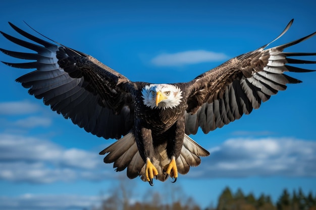 Eagle soaring through a clear blue sky and wings fully extended