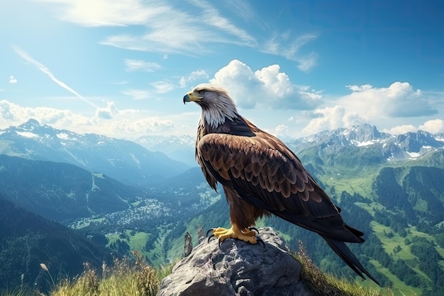 An eagle standing on a hilltop overlooking a magnificent mountain range