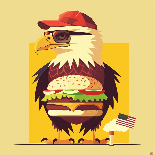 Eagle wearing sunglasses and baseball cap holds giant burger Flat illustration style with