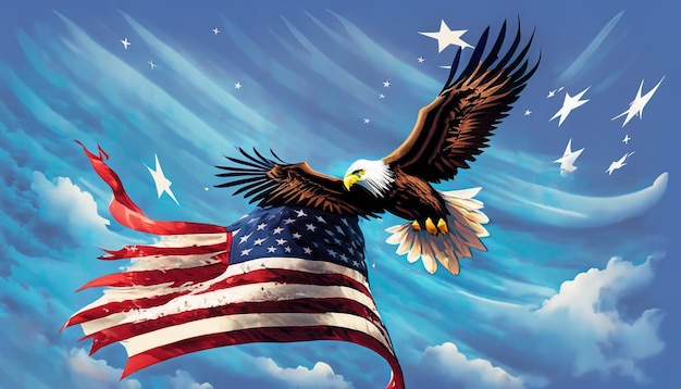 Eagle with American flag flies with the words freedom