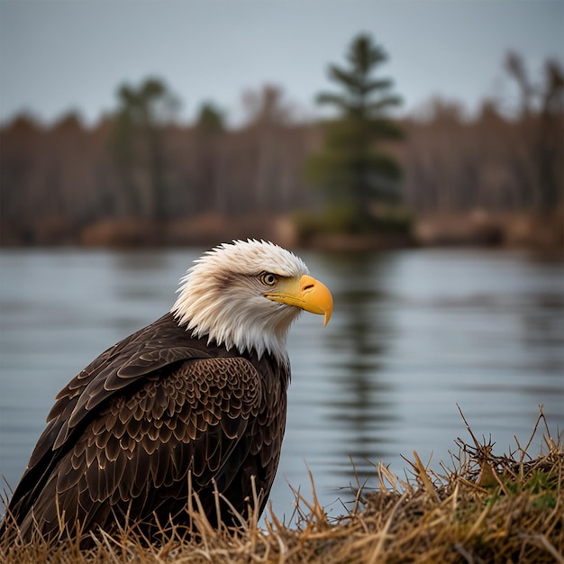 An eagle with a bald head and a flag in the background Ai Generated