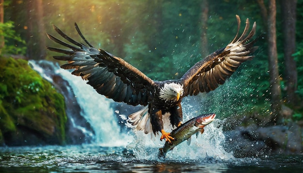 an eagle with a fish in its mouth and a fish in the water