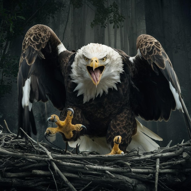 an eagle with a fish in its mouth is standing in front of a tree