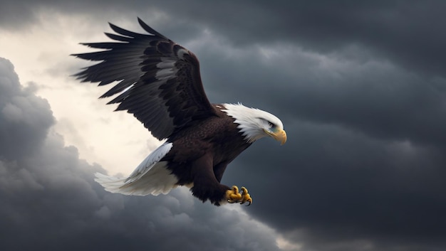 an eagle with a fish in its talons flies in the sky