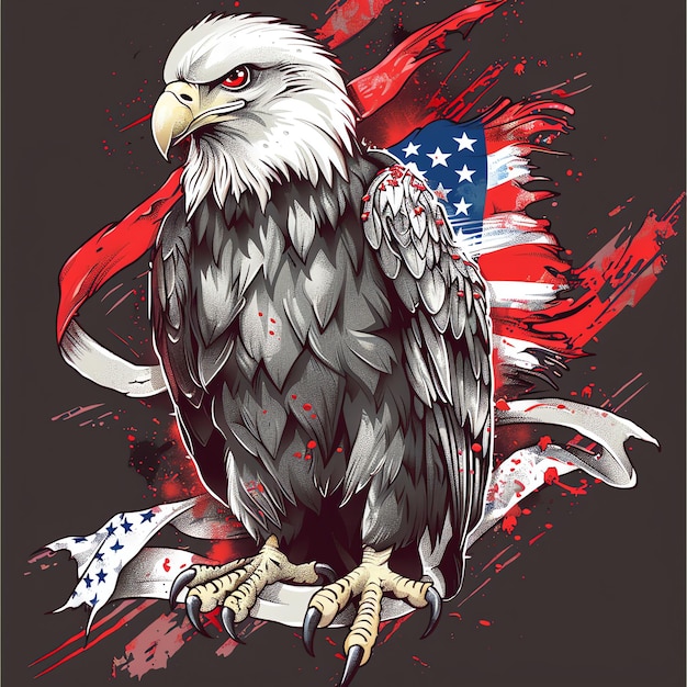 an eagle with a flag and stars in the background