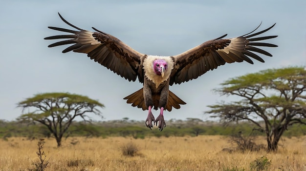 Photo an eagle with purple feathers on its head is flying in the air