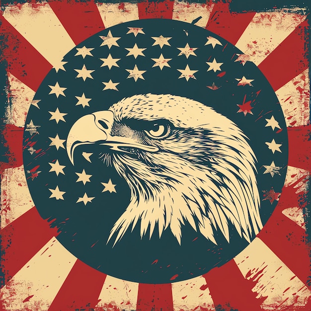 an eagle with a red background with stars and a red and white stripe