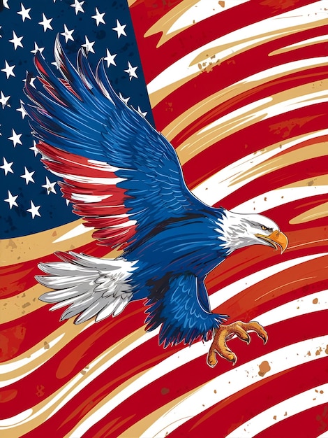 an eagle with a red white and blue stripes in the middle of the picture