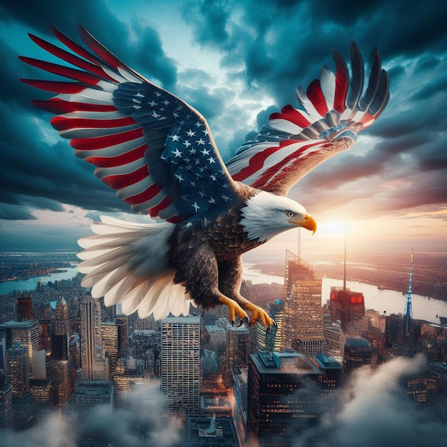 an eagle with a red and white tail flies over a city