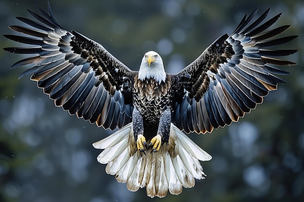 an eagle with a white head and yellow beak is flying in the air